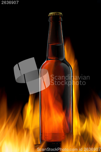 Image of Beer bottle in fire on black