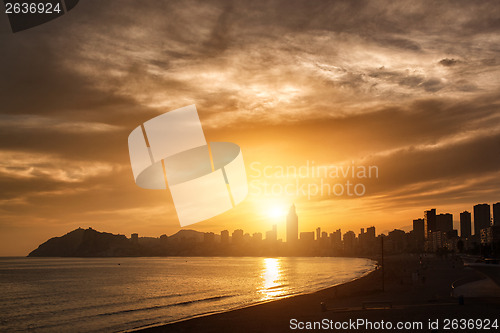 Image of View of Benidorm on sunset, Costa Blanca, Spain