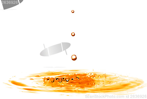 Image of drop falling into orange water with splash isolated on white