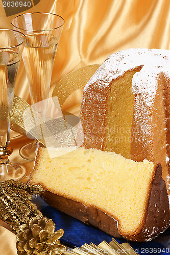 Image of Christmas composition with Pandoro and spumante