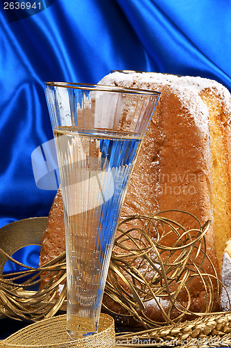 Image of Christmas composition with Pandoro and spumante