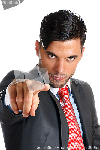 Image of Businessman pointing towards camera