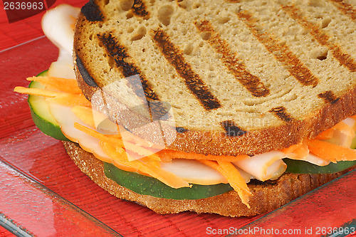 Image of Roasted turkey and vegetables sandwich close-up