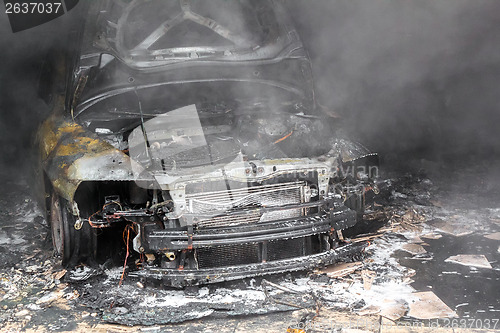 Image of Close up photo of a burned out cars