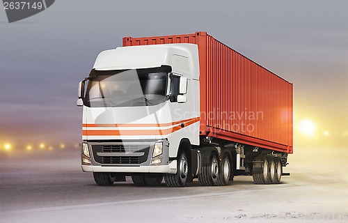 Image of truck on ice road in blizzard