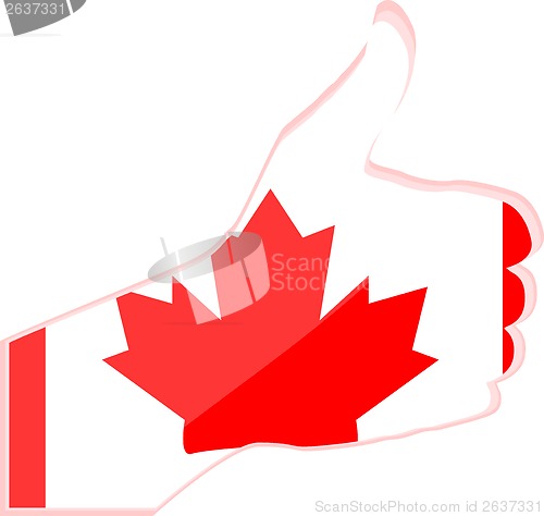 Image of Hand with thumb up gesture in colored canada national flag