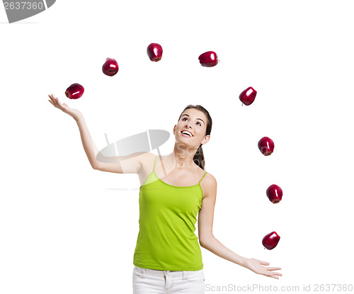 Image of Woman throwing apples