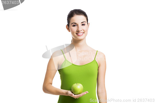 Image of Healthy woman with a green apple