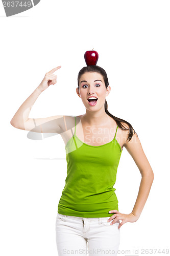 Image of Healthy woman pointing to a apple