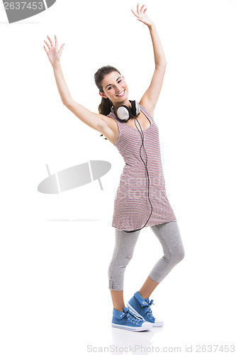 Image of Beautiful woman listen music