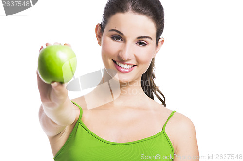 Image of Healthy woman with a green apple