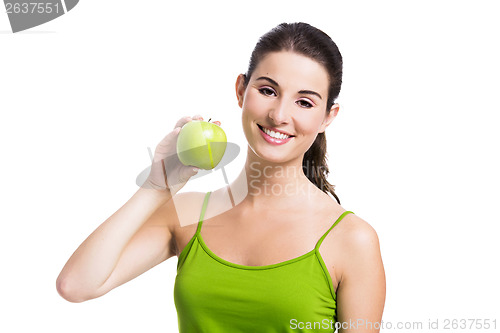 Image of Healthy woman with a green apple