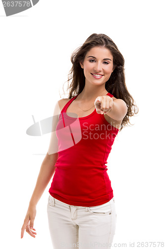Image of Beautiful woman pointing to somewhere