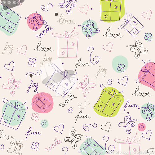 Image of hand draw texture - seamless pattern with hearts, gifts, butterf