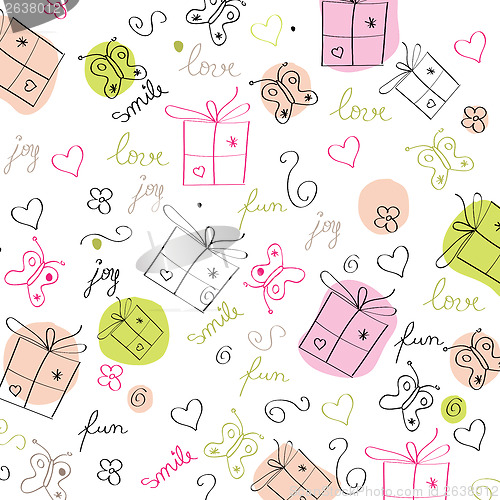Image of hand draw texture - seamless pattern with hearts, gifts, butterf