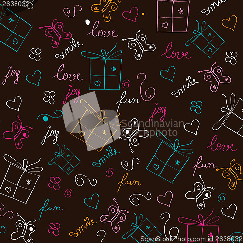 Image of hand draw texture - seamless pattern with hearts, gifts, butterf