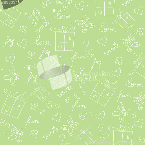 Image of hand draw texture - seamless pattern with hearts, gifts, butterf