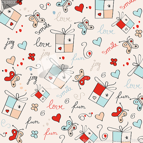 Image of hand draw texture - seamless pattern with hearts, gifts, butterf