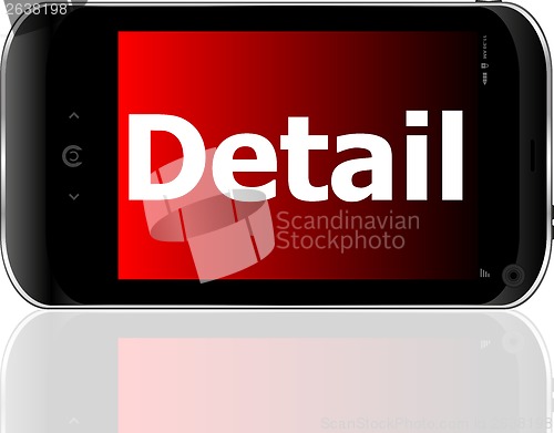 Image of Marketing concept: smartphone with text detail on display. Mobile smart phone on White background