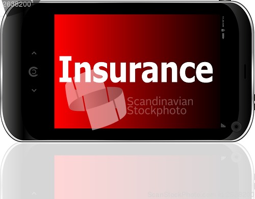 Image of smartphone with word insurance on display, business concept