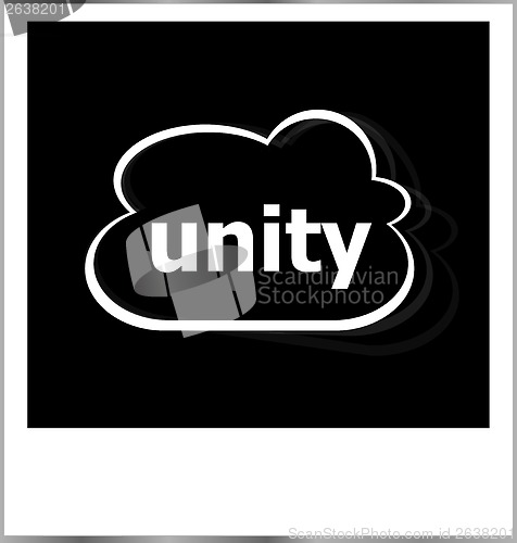 Image of unity word business concept, photo frame isolated on white