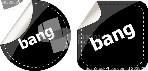 Image of bang word on black stickers button set, business label