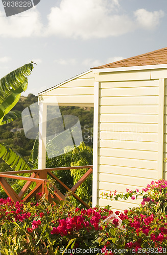 Image of Caribbean cottage Antigua view of English Harbor with tropical f