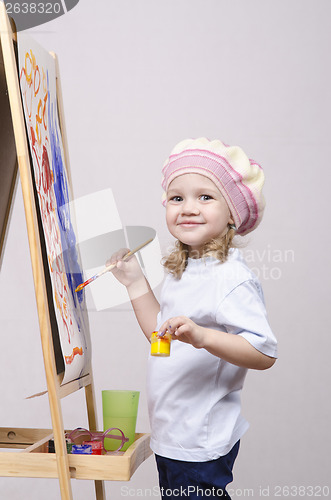 Image of Girl artist paints on canvas