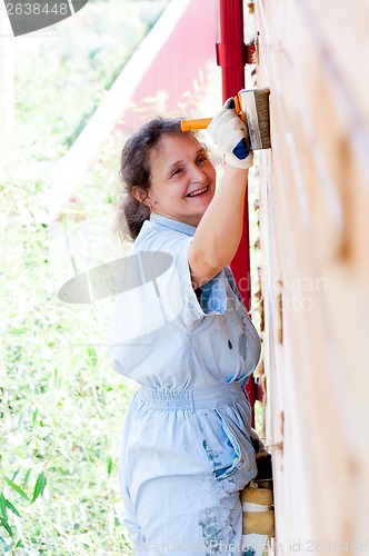 Image of Pretty woman painting her house