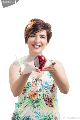 Image of Beautiful woman holding a apple