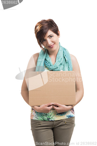 Image of Beautiful woman with a cardboard