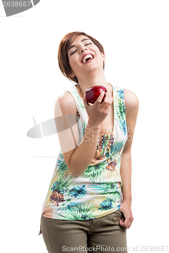 Image of Happy woman with a apple