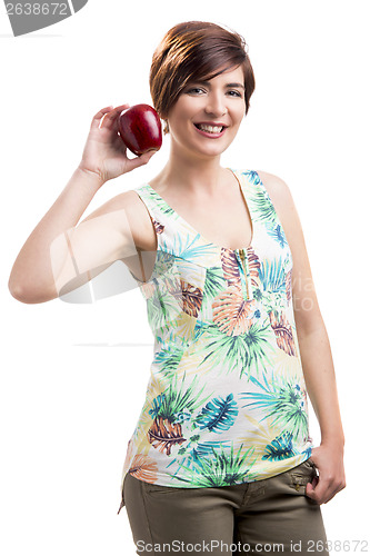 Image of Beautiful woman holding a red apple