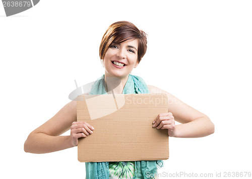 Image of Beautiful woman with a cardboard