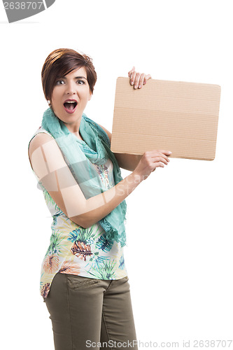 Image of Beautiful woman with a cardboard