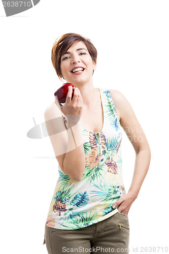 Image of Happy woman with a apple