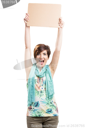 Image of Happy woman with a cardboard