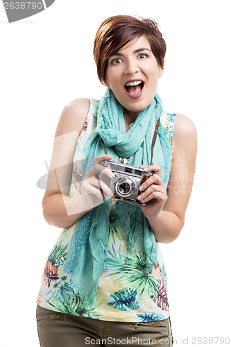 Image of Woman with a vintage camera