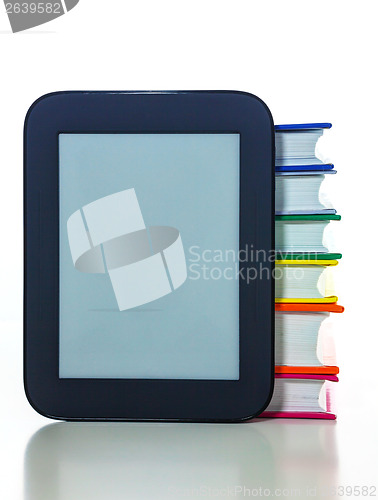 Image of Electronic book reader with hard cover books