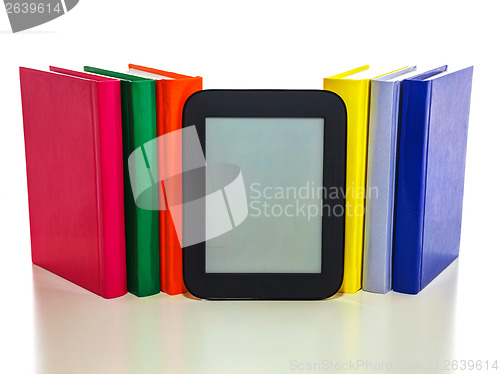 Image of Electronic book reader with hard cover books