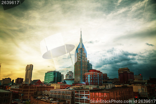 Image of Downtown Nashville cityscape in the evening