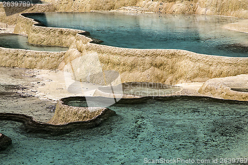 Image of colorful pools formed by calcite deposits 