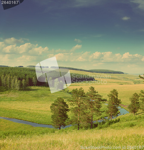 Image of hills summer landscape - vintage retro style