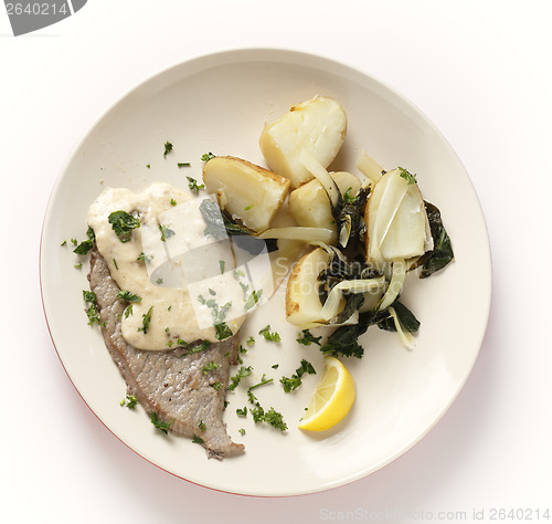 Image of Veal with potatoes and chard from above