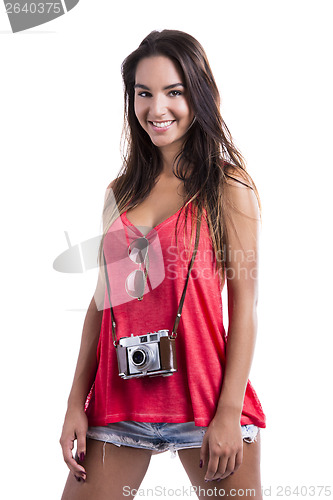 Image of Happy tourist with a old vintage camera