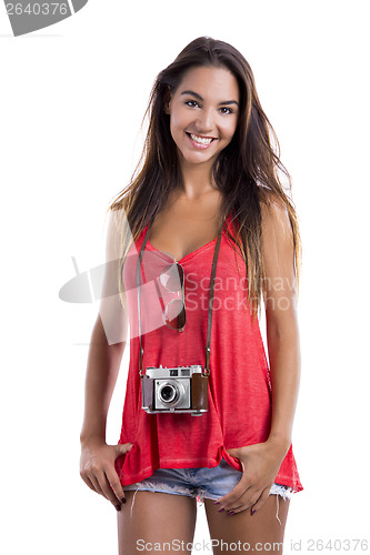 Image of Happy tourist with a old vintage camera