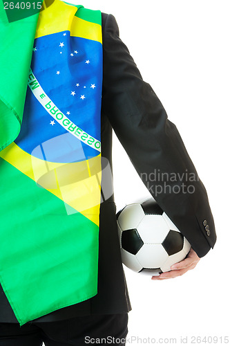 Image of Back view of businessman hold soccer ball with brazil flag