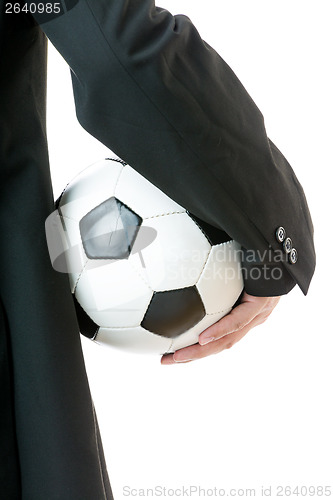 Image of Back view of businessman hold soccer ball