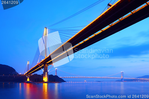 Image of Suspension bridge in Hong Kong at night