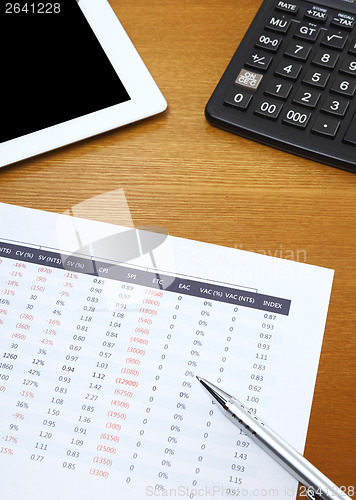 Image of Spreadsheet with tablet and calculator